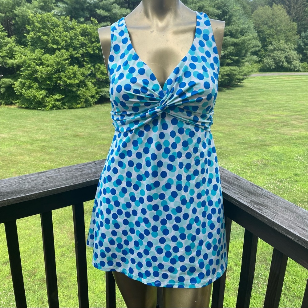 LL Bean swimsuit swim dress one piece twists polka dots skirted modest blue 16
